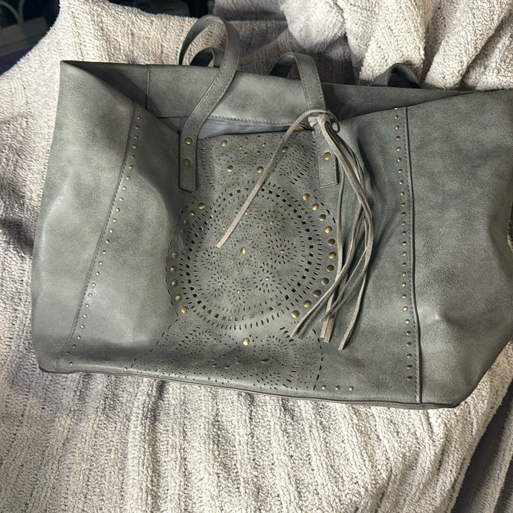 Gray Leather Tote “T- Shirt & Jeans” cut out & accented w/dark gold studs (-1)